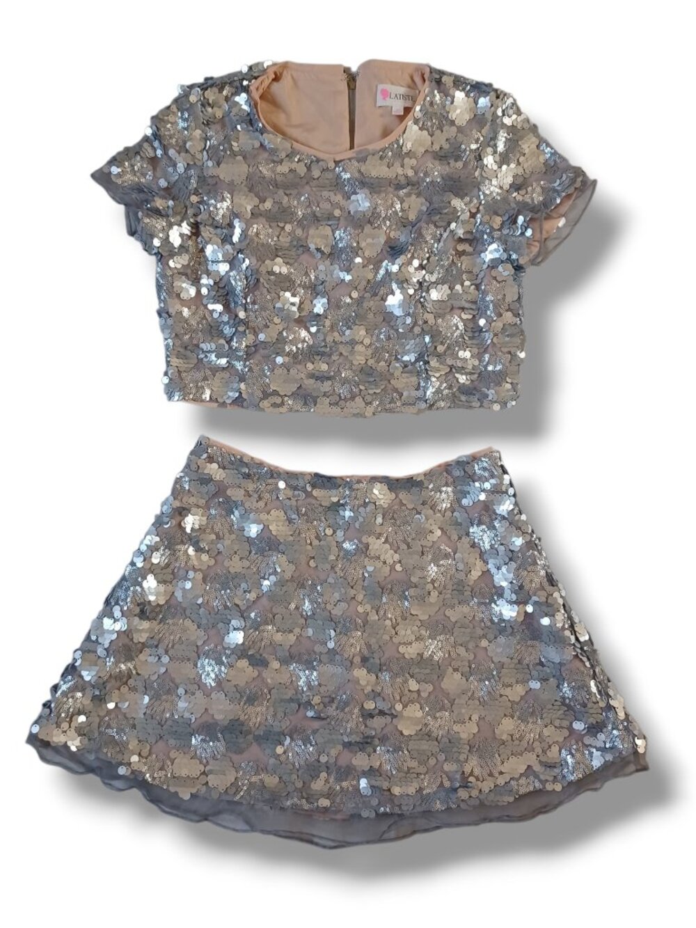 L'ATISTE Silver Sequin Crop Top - Short Sleeve Party Tee